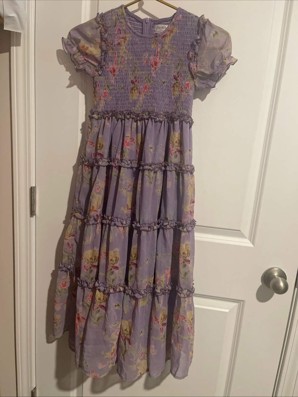 Shop the Mint Girls 8/10 Lavender Sheer Floral Tiered overlay Dress w/ Smocking